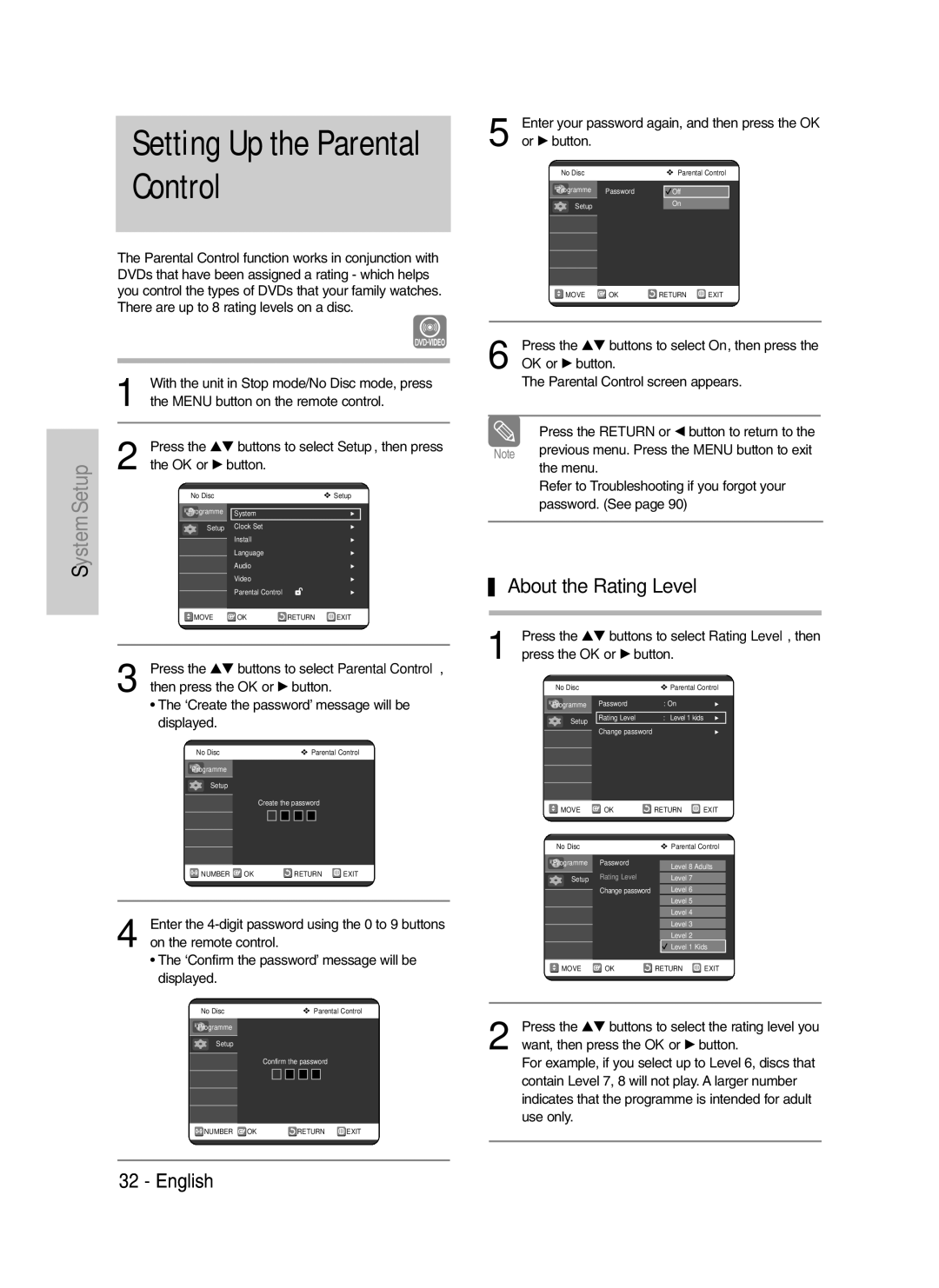 Samsung DVD-VR325/XEH manual Setting Up the Parental Control, About the Rating Level, Or √ button, Press the OK or √ button 