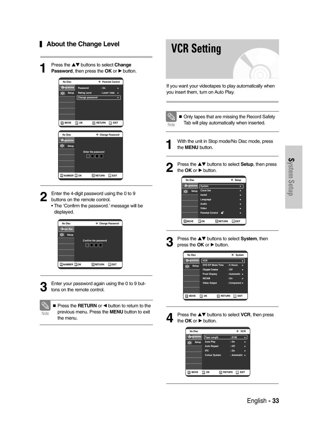 Samsung DVD-VR325/XEG, DVD-VR325/EUR manual VCR Setting, About the Change Level, Press the …† buttons to select Change 