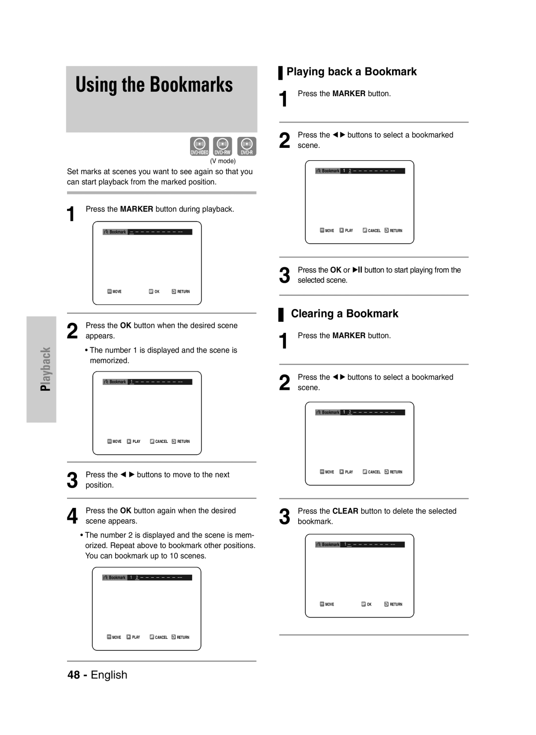 Samsung DVD-VR325/XEG, DVD-VR325/EUR, DVD-VR325/XEH manual Playing back a Bookmark, Clearing a Bookmark 