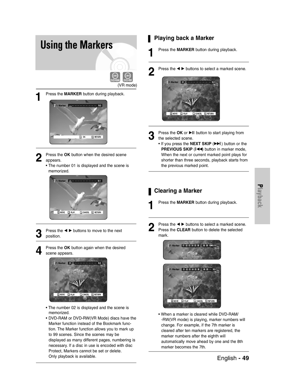 Samsung DVD-VR325/EUR, DVD-VR325/XEG, DVD-VR325/XEH manual Using the Markers, Playing back a Marker, Clearing a Marker 