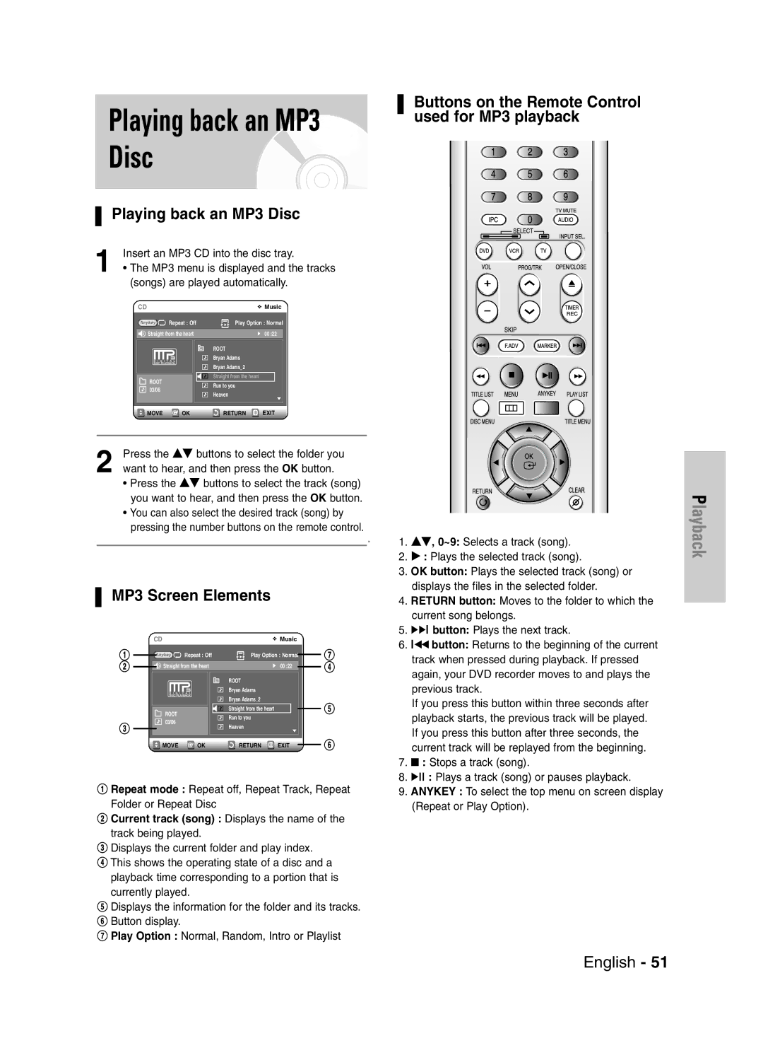 Samsung DVD-VR325/XEG, DVD-VR325/EUR manual Playing back an MP3 Disc, MP3 Screen Elements, …†, 0~9 Selects a track song 