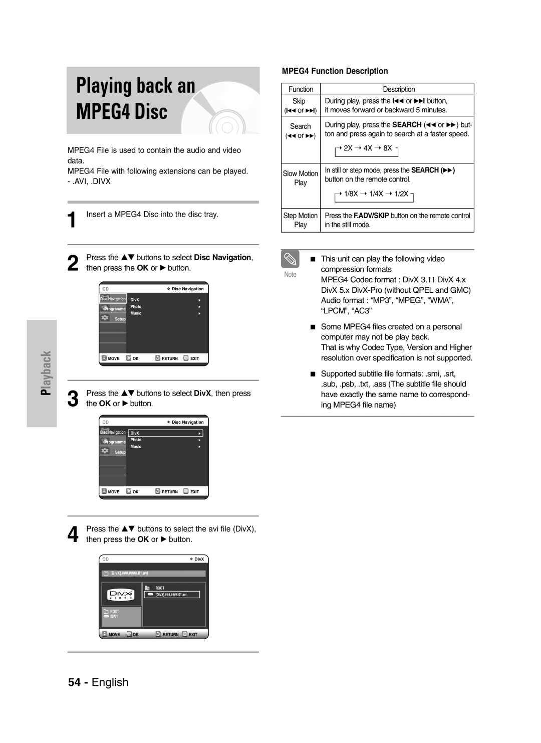 Samsung DVD-VR325/XEG, DVD-VR325/EUR, DVD-VR325/XEH manual Playing back an MPEG4 Disc, Then press the OK or √ button 