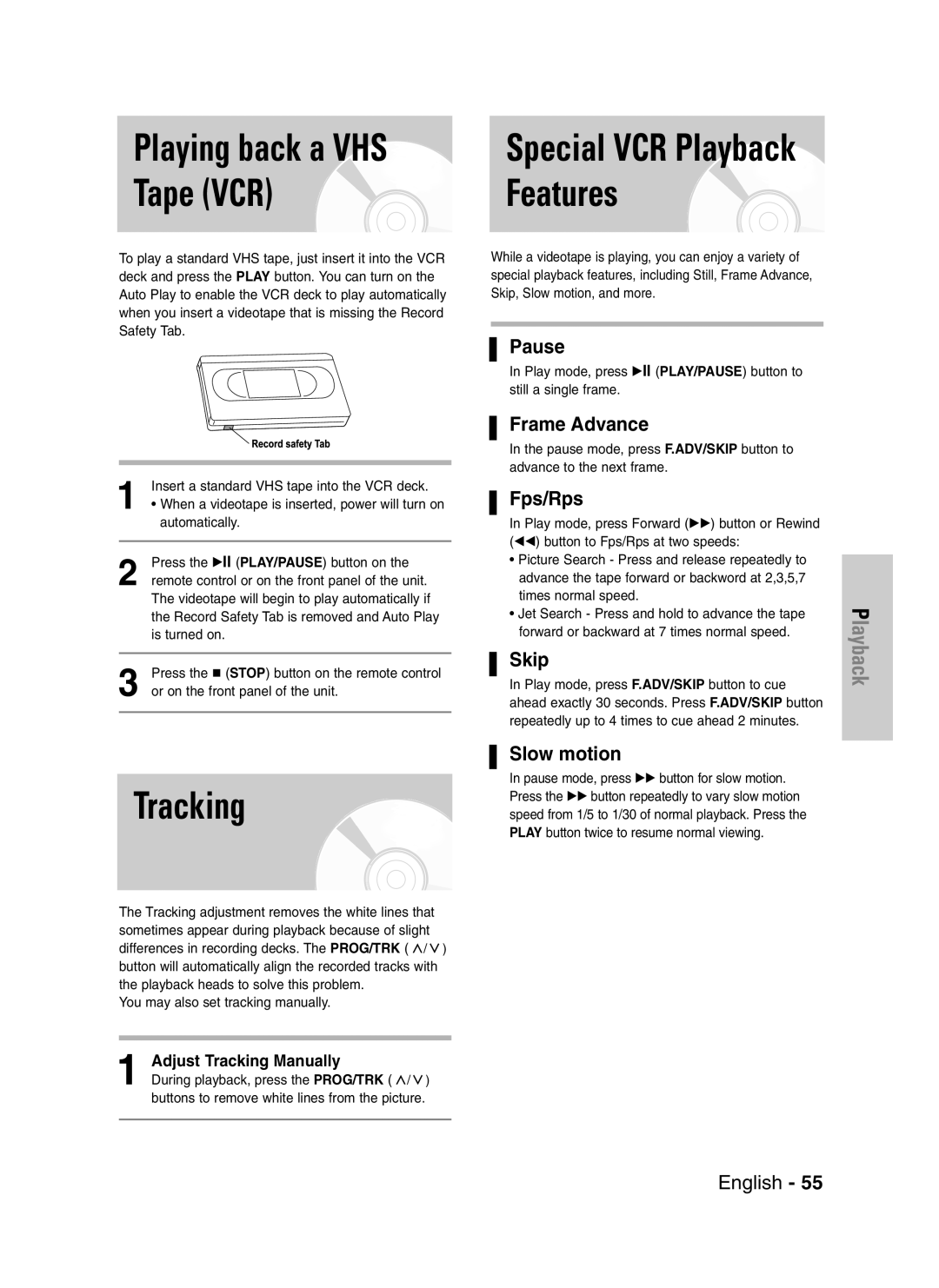 Samsung DVD-VR325/EUR, DVD-VR325/XEG, DVD-VR325/XEH manual Playing back a VHS, Tape VCR Features, Tracking 