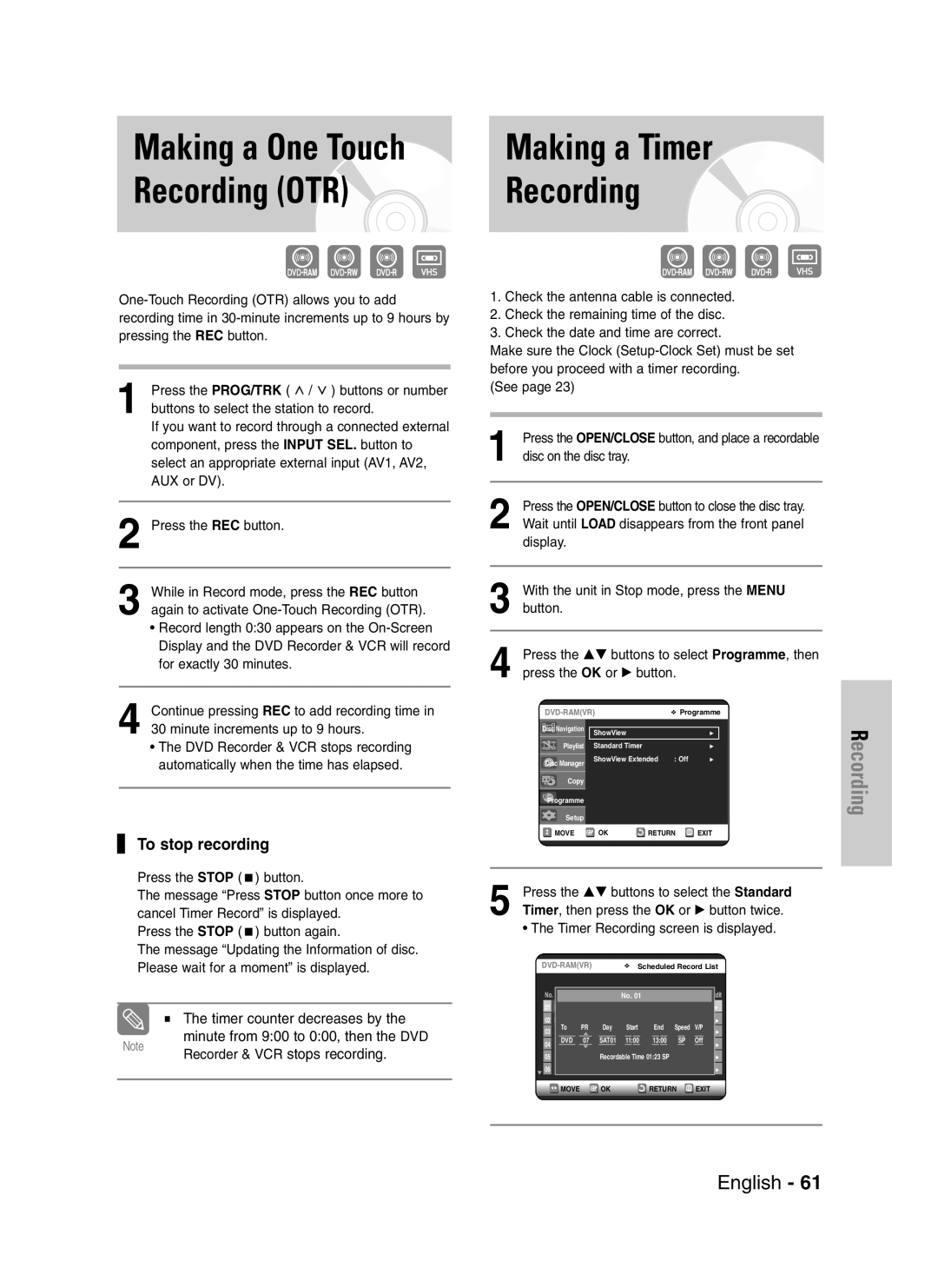 Samsung DVD-VR325/EUR, DVD-VR325/XEG, DVD-VR325/XEH manual Making a One Touch, Recording OTR, To stop recording 