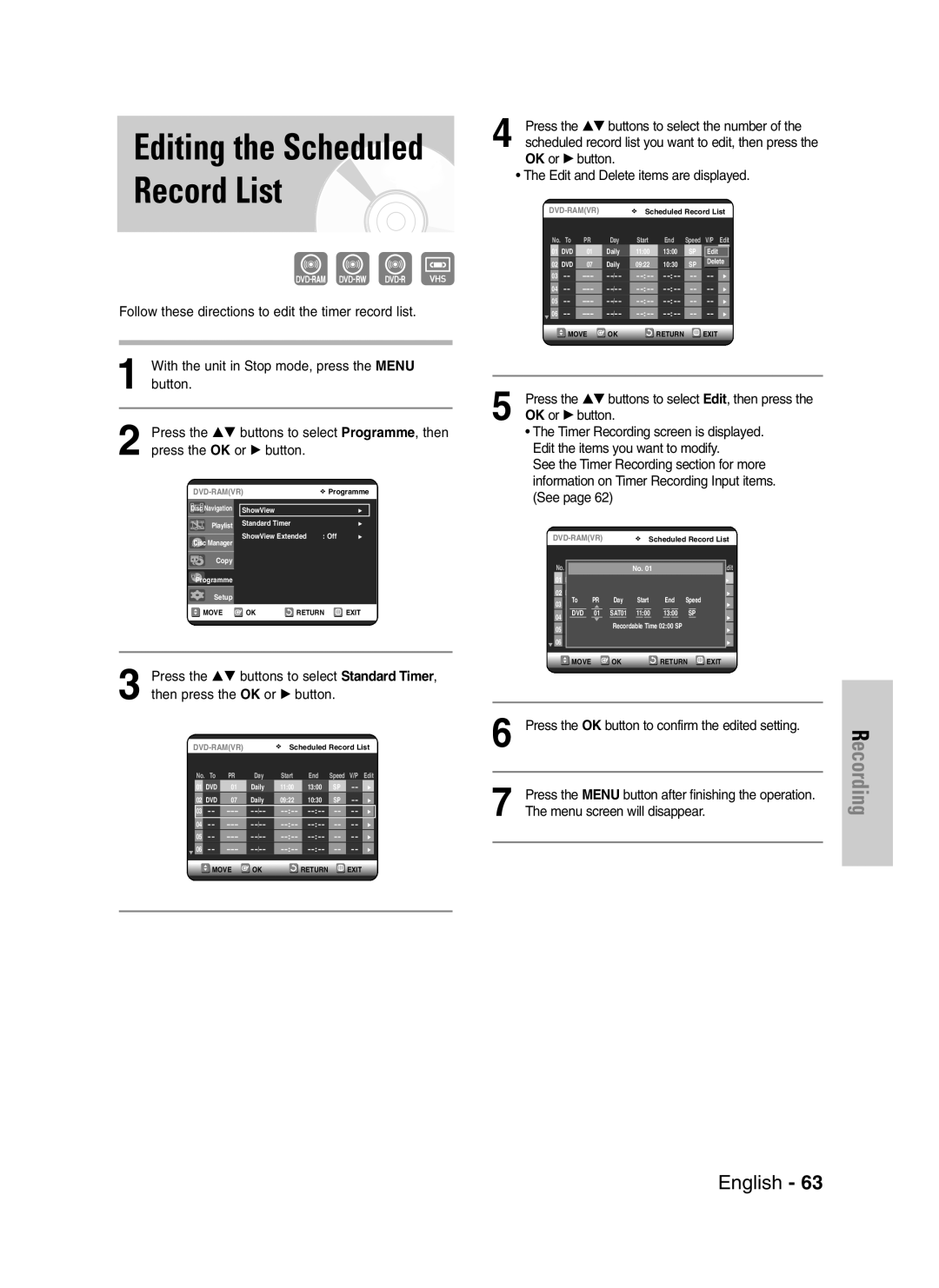 Samsung DVD-VR325/XEG manual Press the …† buttons to select Standard Timer, Press the …† buttons to select the number 