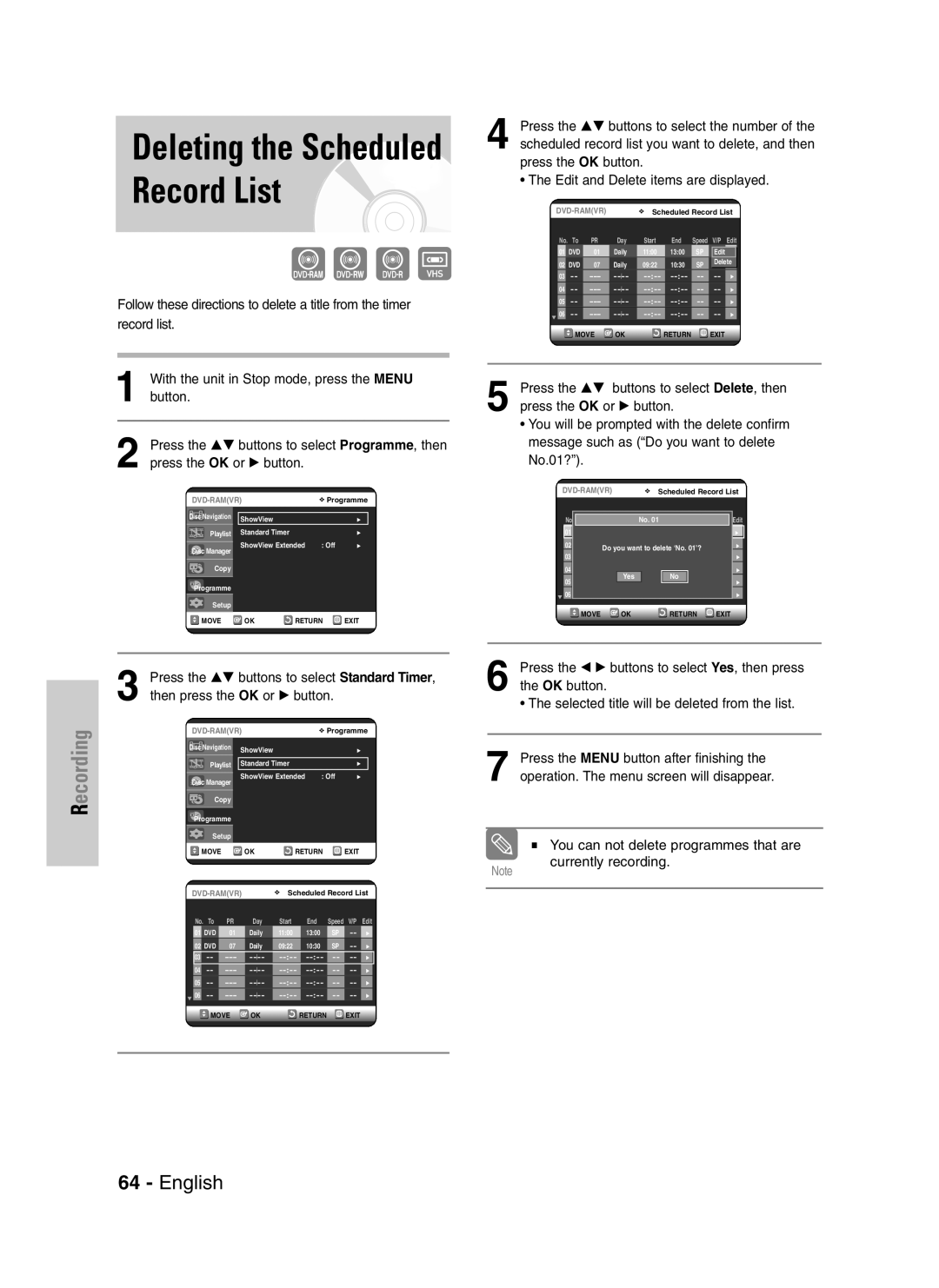 Samsung DVD-VR325/EUR manual Deleting the Scheduled Record List, You can not delete programmes that are currently recording 