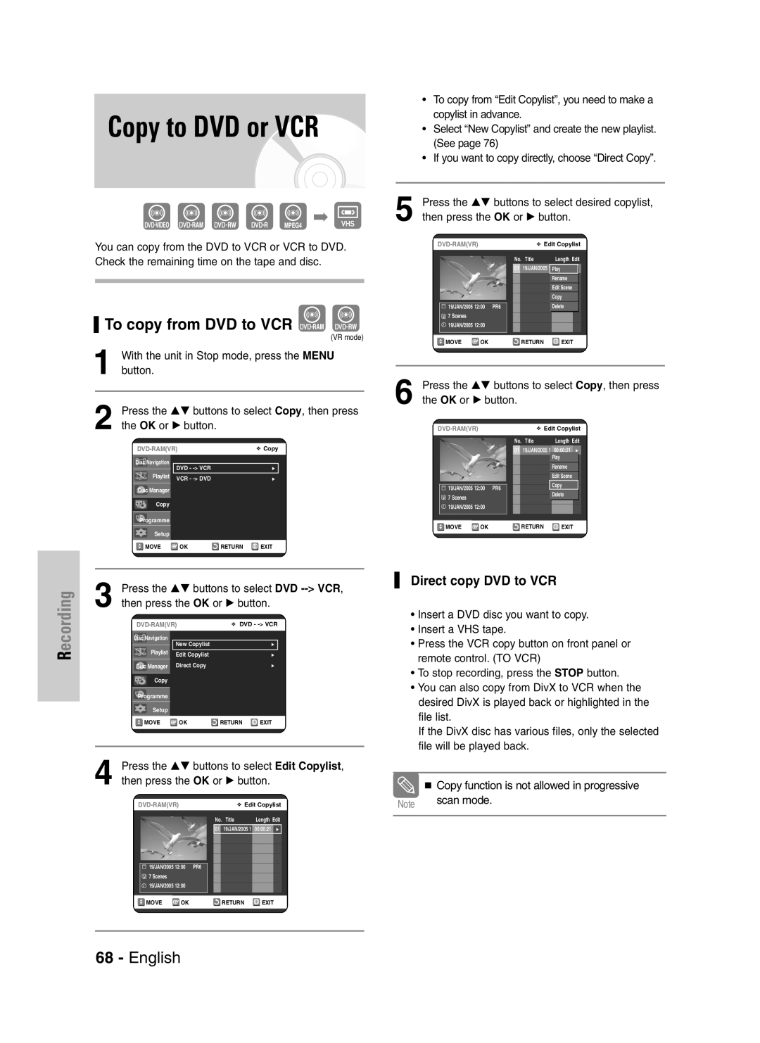 Samsung DVD-VR325/XEH, DVD-VR325/XEG, DVD-VR325/EUR Copy to DVD or VCR, To copy from DVD to VCR, Direct copy DVD to VCR 