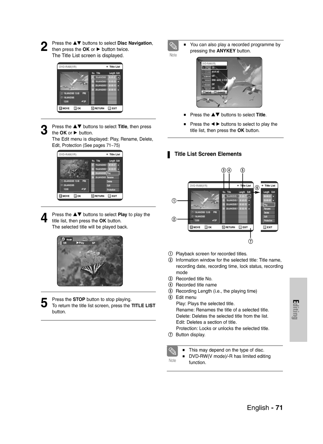 Samsung DVD-VR325/XEH, DVD-VR325/XEG, DVD-VR325/EUR manual Title List Screen Elements, Then press the OK or √ button twice 