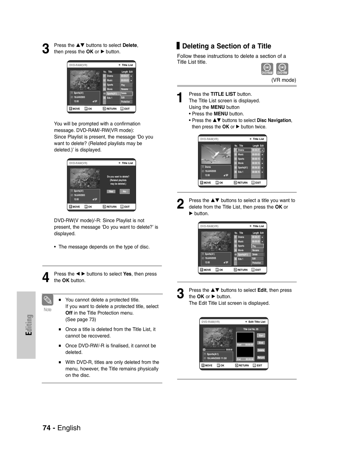 Samsung DVD-VR325/XEH, DVD-VR325/XEG, DVD-VR325/EUR manual Deleting a Section of a Title 