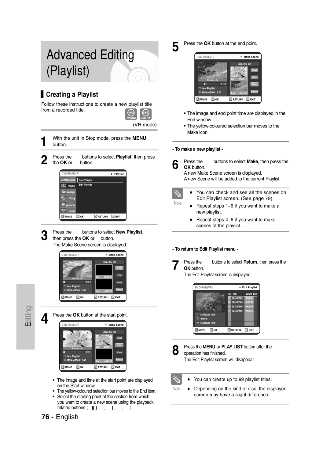 Samsung DVD-VR325/EUR, DVD-VR325/XEG, DVD-VR325/XEH manual Advanced Editing, Creating a Playlist 