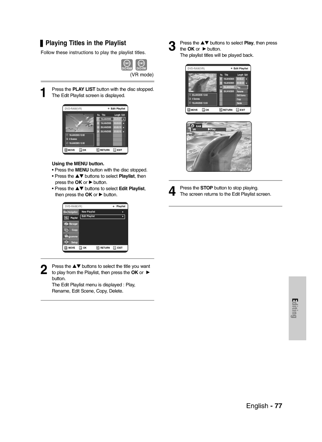 Samsung DVD-VR325/XEH manual Playing Titles in the Playlist, Edit Playlist screen is displayed, Using the Menu button 