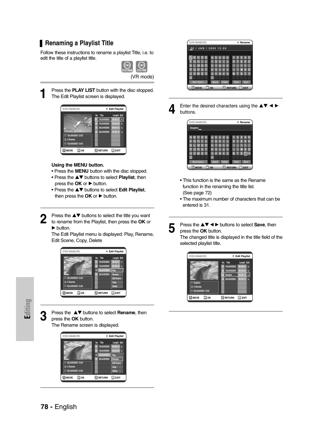 Samsung DVD-VR325/XEG, DVD-VR325/EUR, DVD-VR325/XEH manual Renaming a Playlist Title, Selected playlist title 