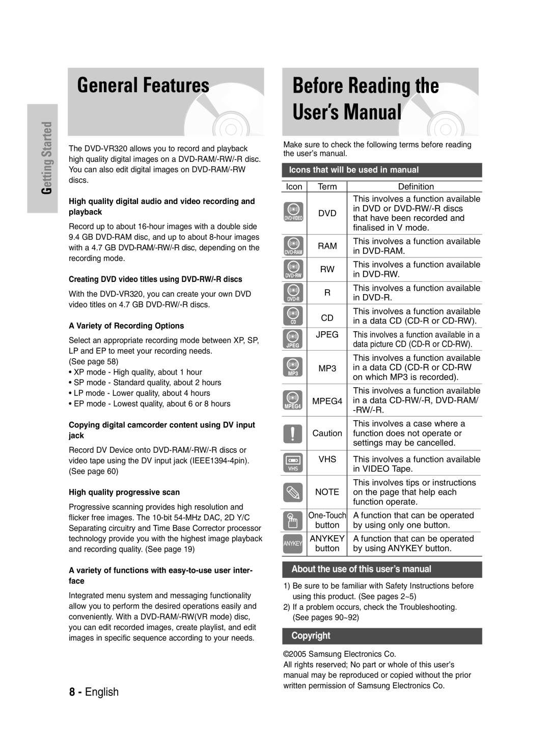 Samsung DVD-VR325/XEH, DVD-VR325/XEG, DVD-VR325/EUR manual Before Reading User’s Manual, General Features 