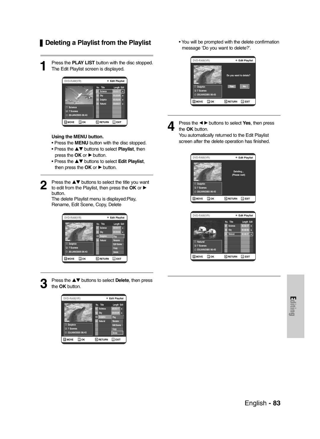 Samsung DVD-VR325/XEH, DVD-VR325/XEG, DVD-VR325/EUR manual Deleting a Playlist from the Playlist 