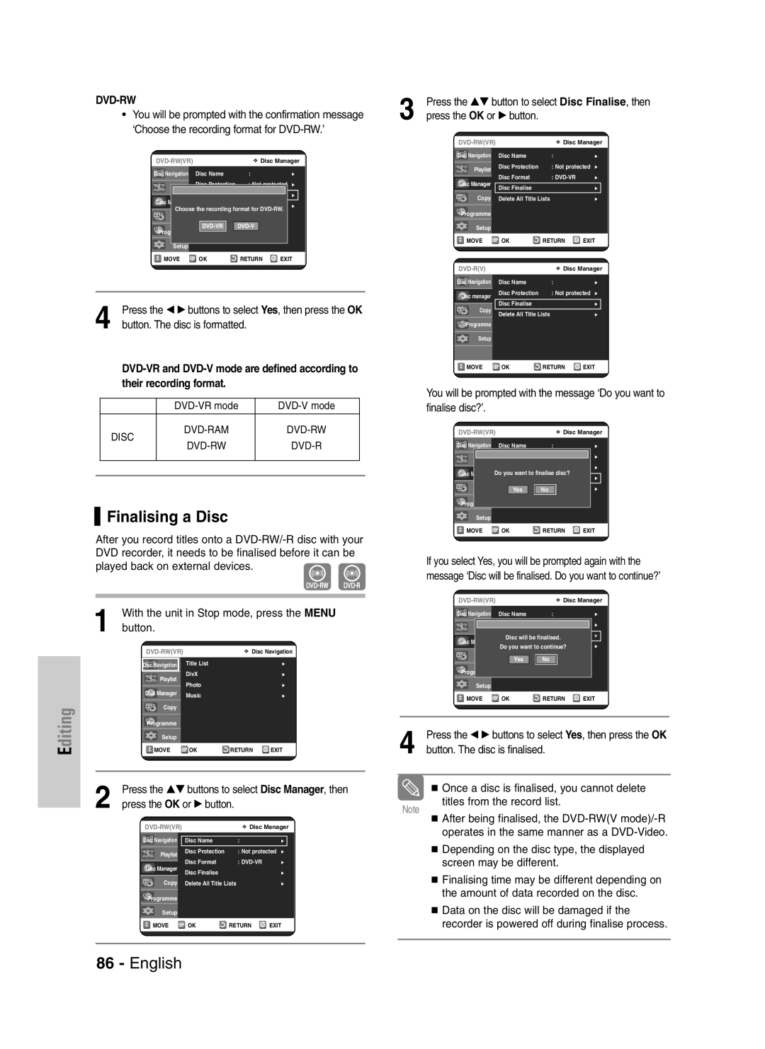 Samsung DVD-VR325/XEH, DVD-VR325/XEG, DVD-VR325/EUR manual Finalising a Disc, Their recording format 