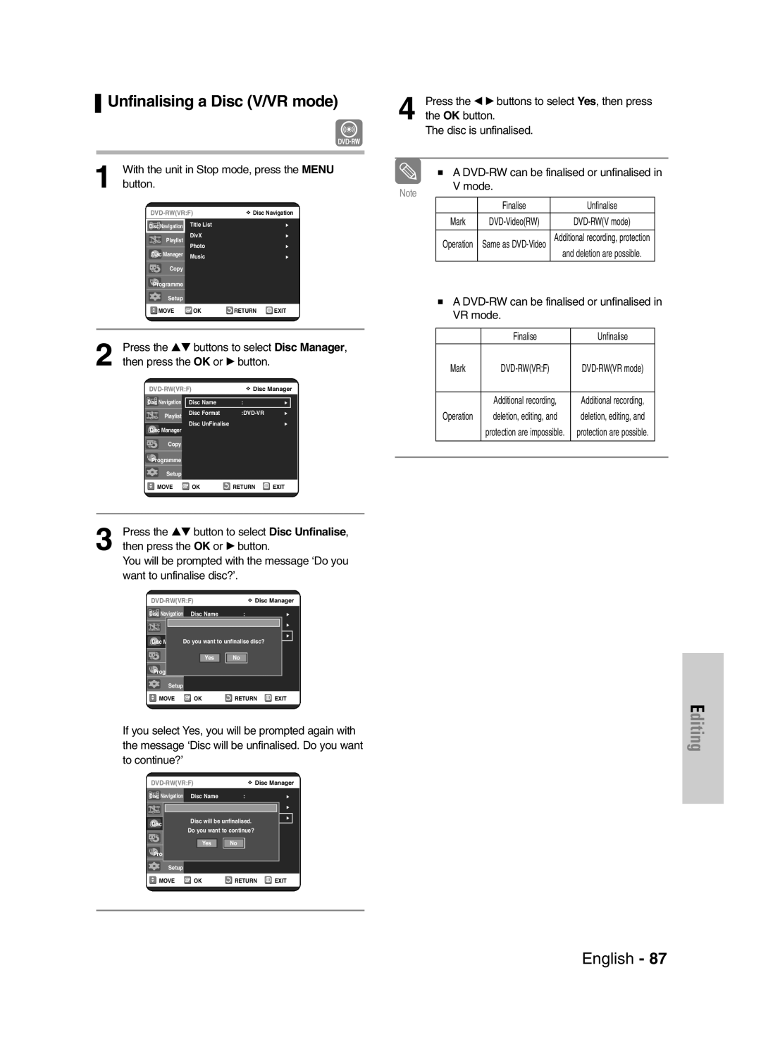 Samsung DVD-VR325/XEG, DVD-VR325/EUR manual Unfinalising a Disc V/VR mode, Press the …† button to select Disc Unfinalise 