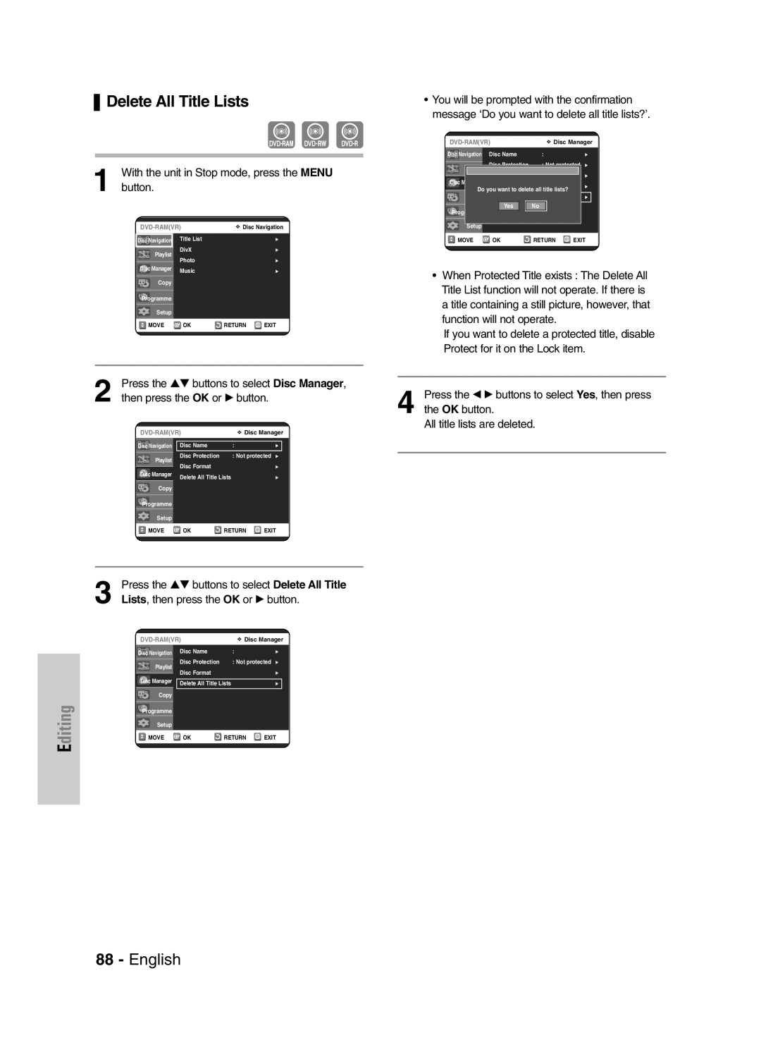 Samsung DVD-VR325/EUR, DVD-VR325/XEG, DVD-VR325/XEH manual Delete All Title Lists, Lists, then press the OK or √ button 