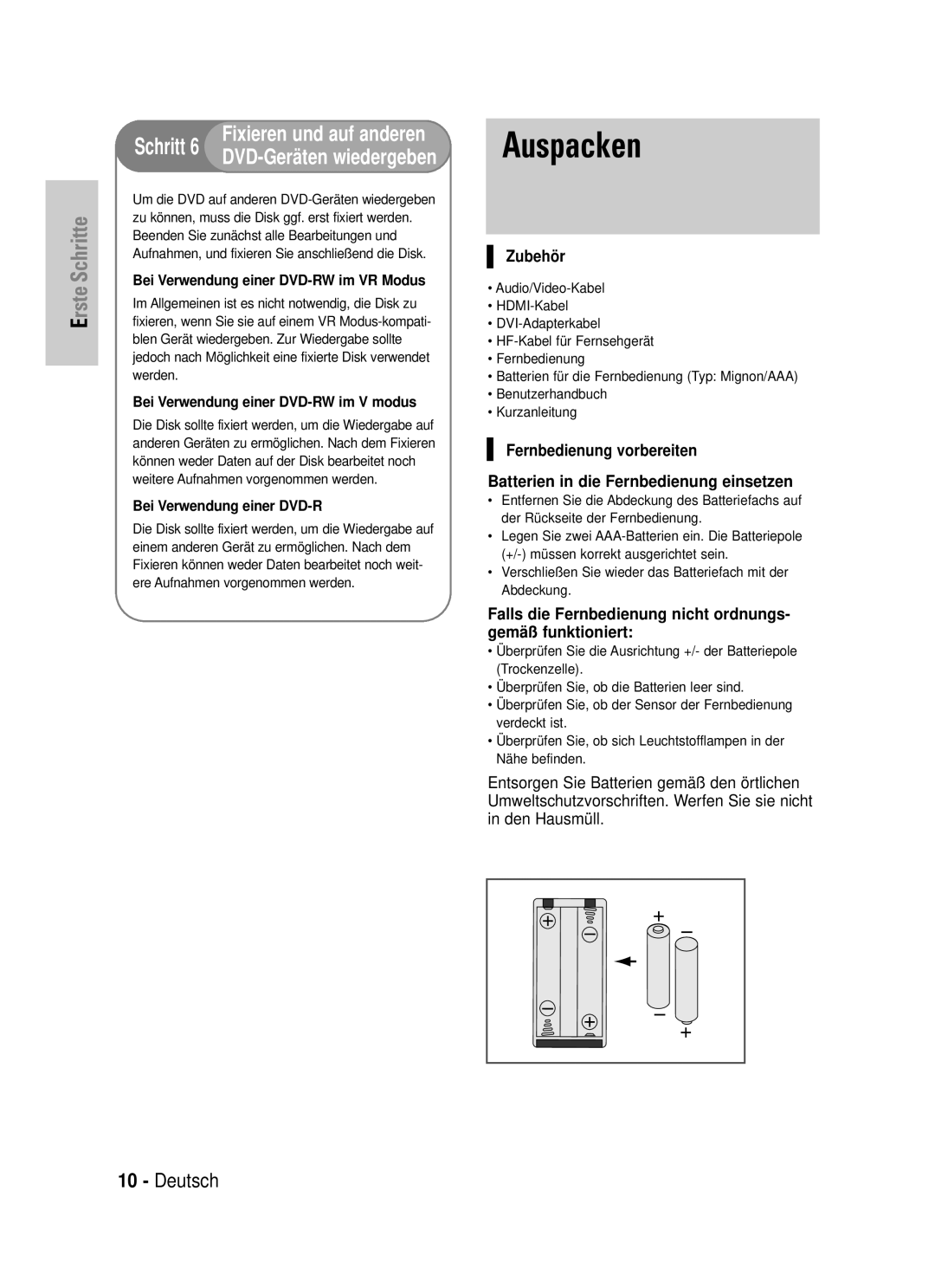 Samsung DVD-VR325/XEG manual Auspacken, Zubehör, Falls die Fernbedienung nicht ordnungs- gemäß funktioniert 