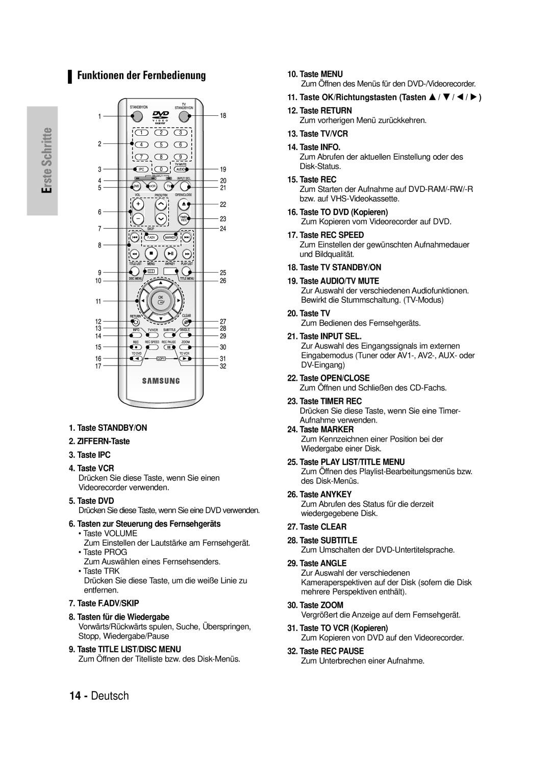 Samsung DVD-VR325/XEG Drücken Sie diese Taste, wenn Sie eine DVD verwenden, Zum Öffnen der Titelliste bzw. des Disk-Menüs 