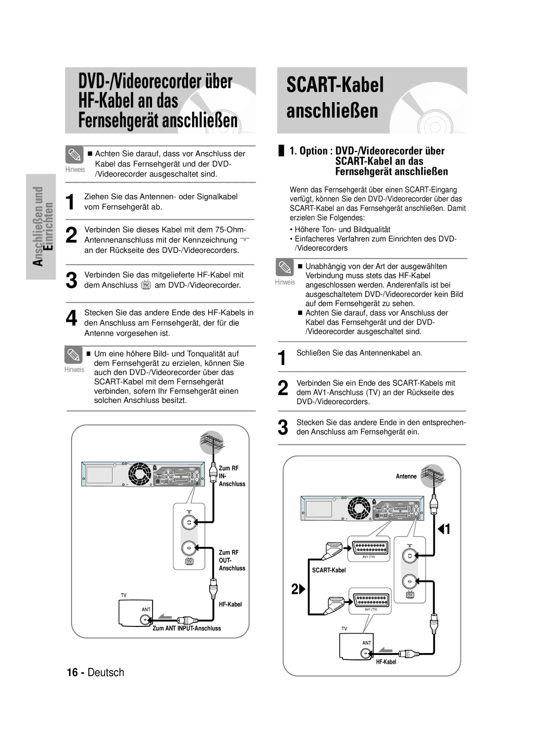 Samsung DVD-VR325/XEG manual HF-Kabel an das, Fernsehgerät anschließen 