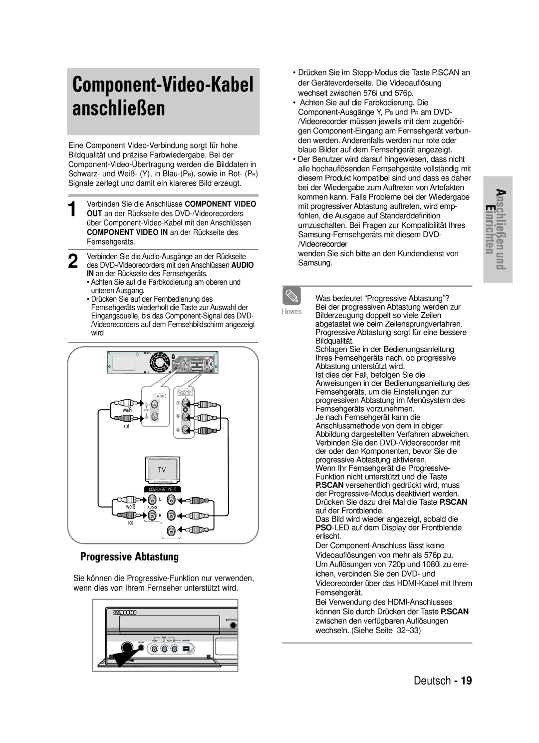 Samsung DVD-VR325/XEG manual Component-Video-Kabel anschließen, OUT an der Rückseite des DVD-/Videorecorders, Fernsehgeräts 