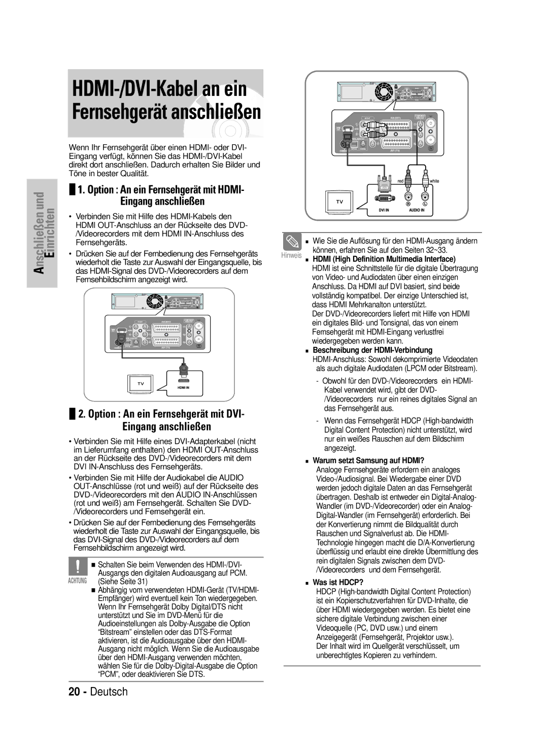 Samsung DVD-VR325/XEG HDMI-/DVI-Kabel an ein Fernsehgerät anschließen, Beschreibung der HDMI-Verbindung, Was ist HDCP? 