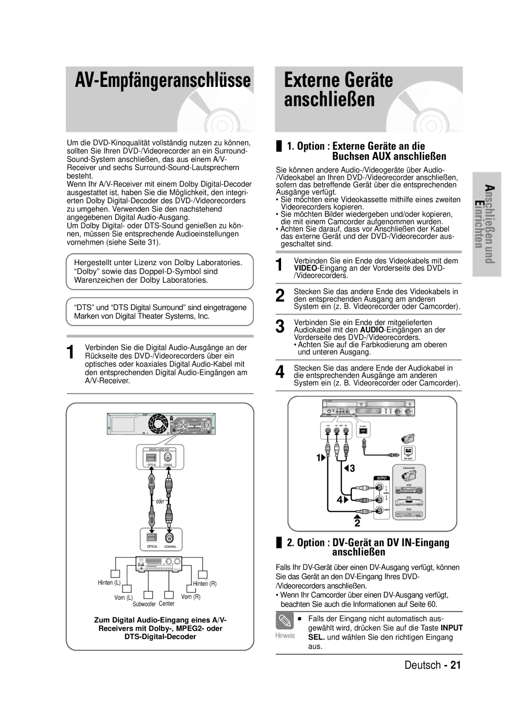 Samsung DVD-VR325/XEG manual Externe Geräte, Rückseite des DVD-/Videorecorders über ein, Aus 