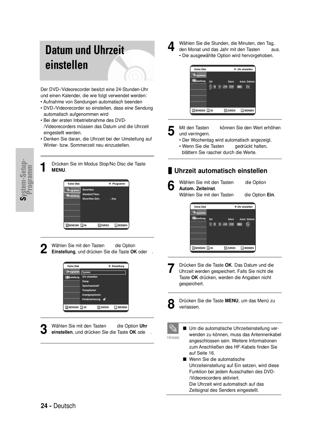 Samsung DVD-VR325/XEG manual Datum und Uhrzeit einstellen, Uhrzeit automatisch einstellen 