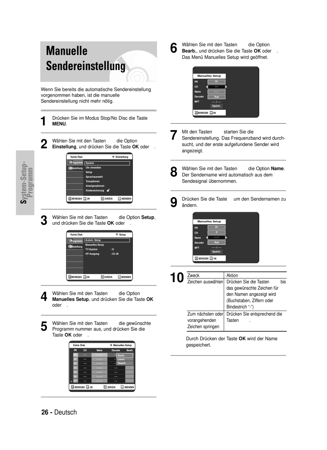 Samsung DVD-VR325/XEG manual Manuelle Sendereinstellung, Wählen Sie mit den Tasten …† die Option, Zweck Aktion 