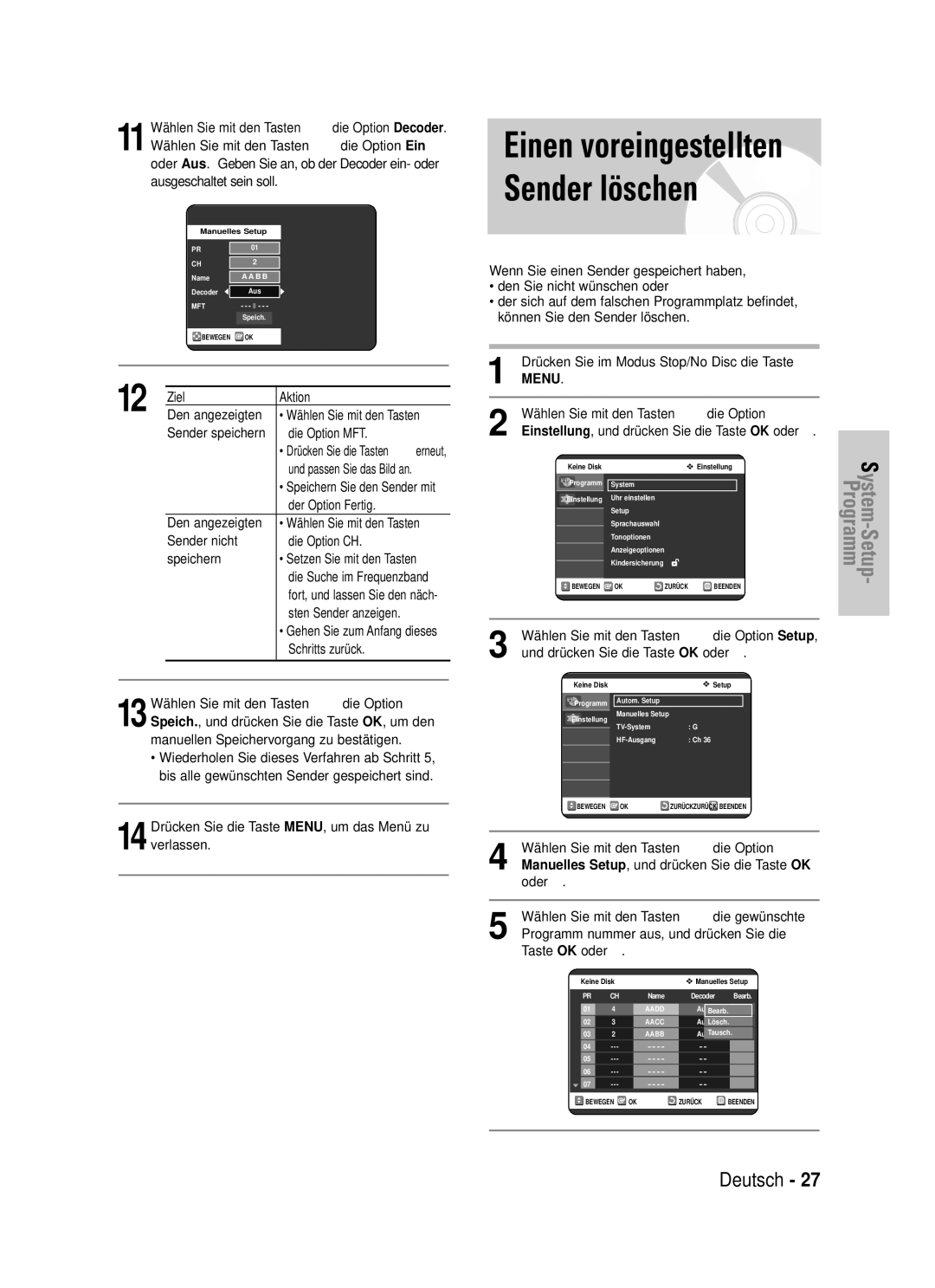 Samsung DVD-VR325/XEG manual Einen voreingestellten Sender löschen 