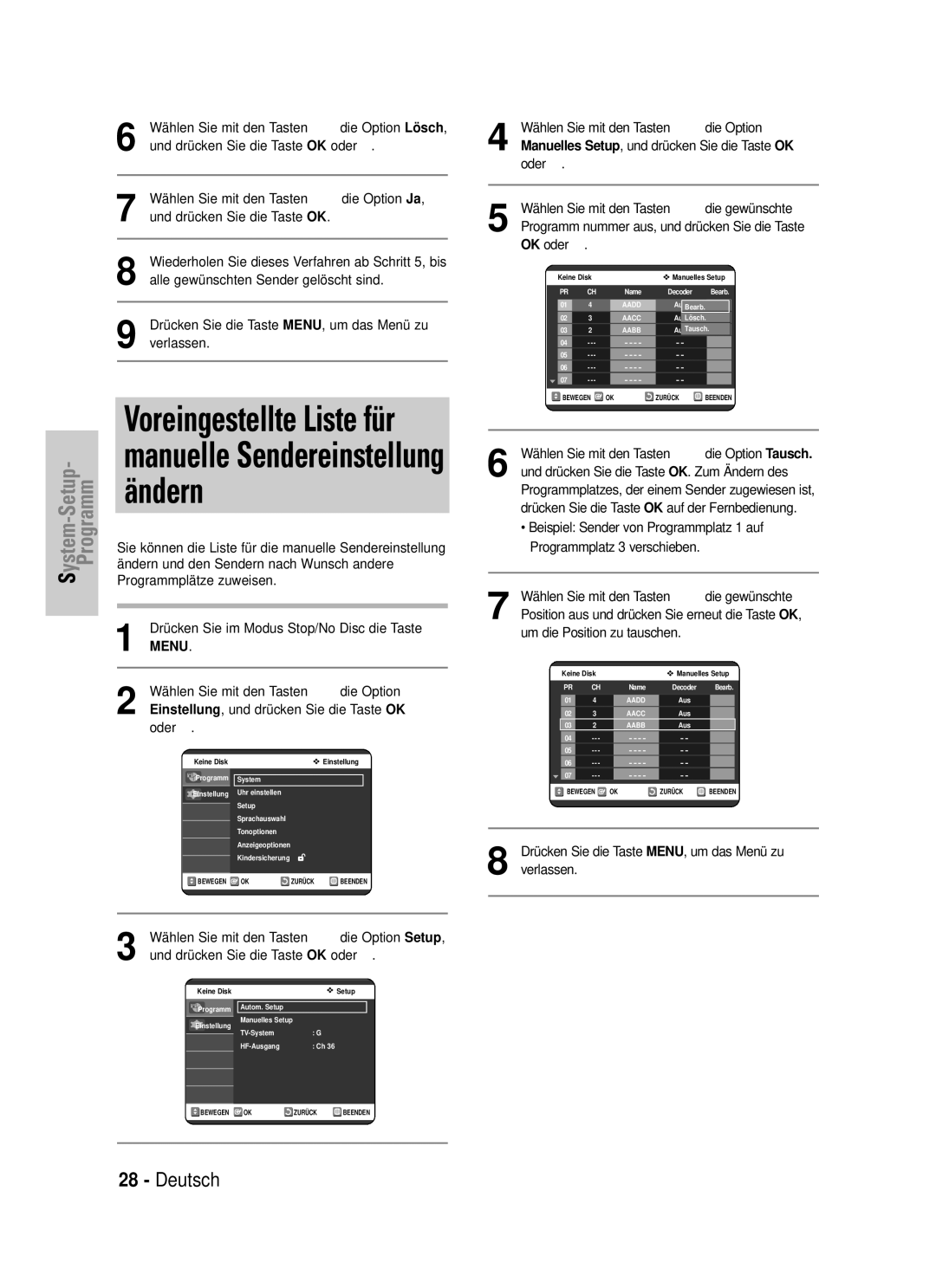 Samsung DVD-VR325/XEG manual Ändern, Voreingestellte Liste für, Position aus und drücken Sie erneut die Taste OK 