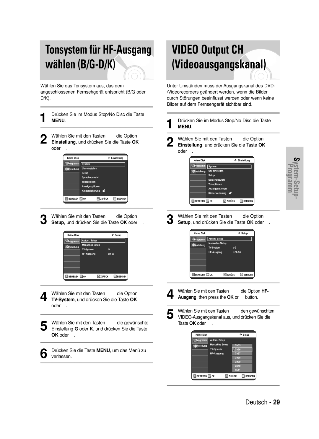 Samsung DVD-VR325/XEG manual Wählen B/G-D/K, Tonsystem für HF-Ausgang, Videoausgangskanal 