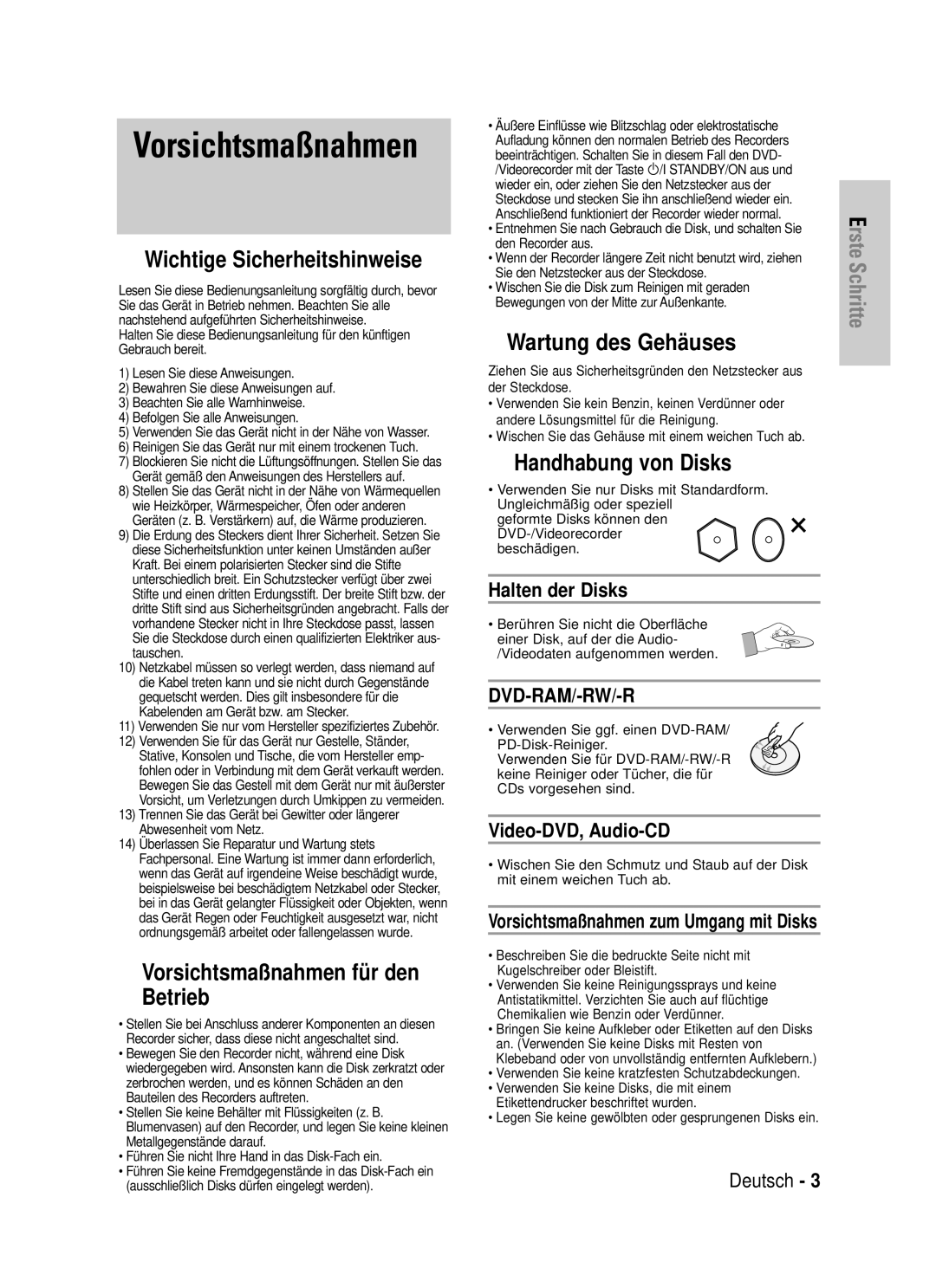 Samsung DVD-VR325/XEG manual Halten der Disks, Video-DVD, Audio-CD, Vorsichtsmaßnahmen zum Umgang mit Disks 