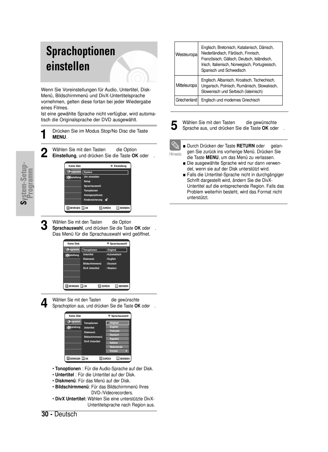 Samsung DVD-VR325/XEG manual Sprachoptionen einstellen, Das Menü für die Sprachauswahl wird geöffnet 