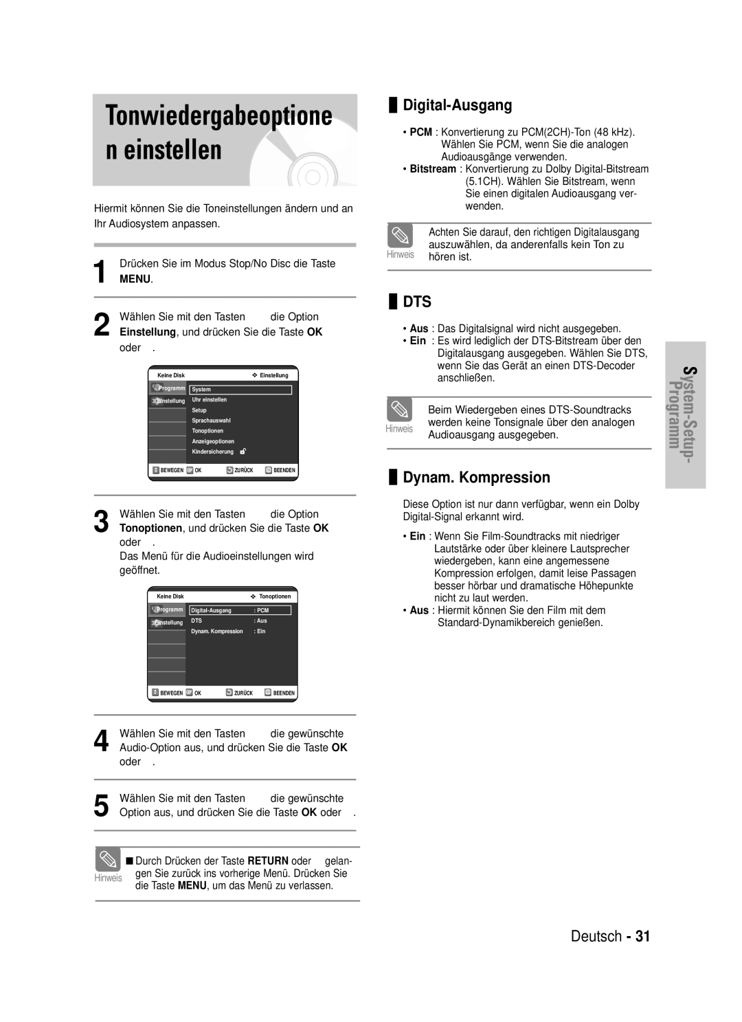 Samsung DVD-VR325/XEG manual Tonwiedergabeoptione n einstellen, Digital-Ausgang, Dynam. Kompression 