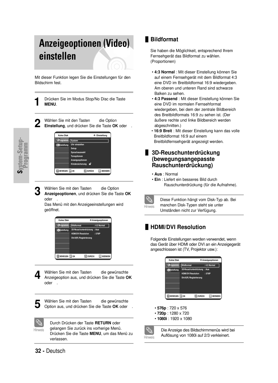 Samsung DVD-VR325/XEG manual Anzeigeoptionen Video einstellen, Bildformat, HDMI/DVI Resolution 