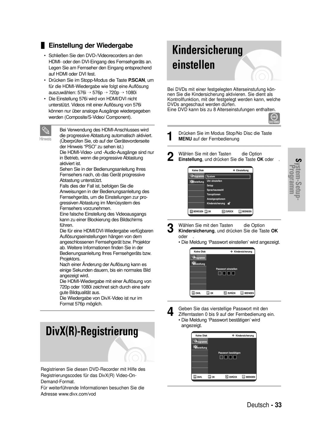 Samsung DVD-VR325/XEG manual Kindersicherung einstellen, Einstellung der Wiedergabe 