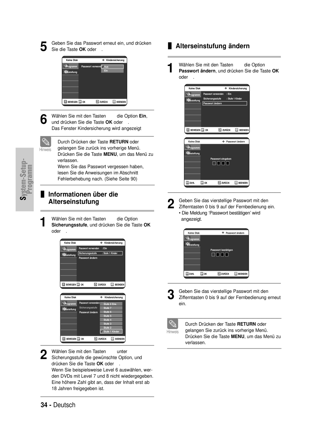 Samsung DVD-VR325/XEG manual Informationen über die Alterseinstufung, Alterseinstufung ändern, Sie die Taste OK oder √ 