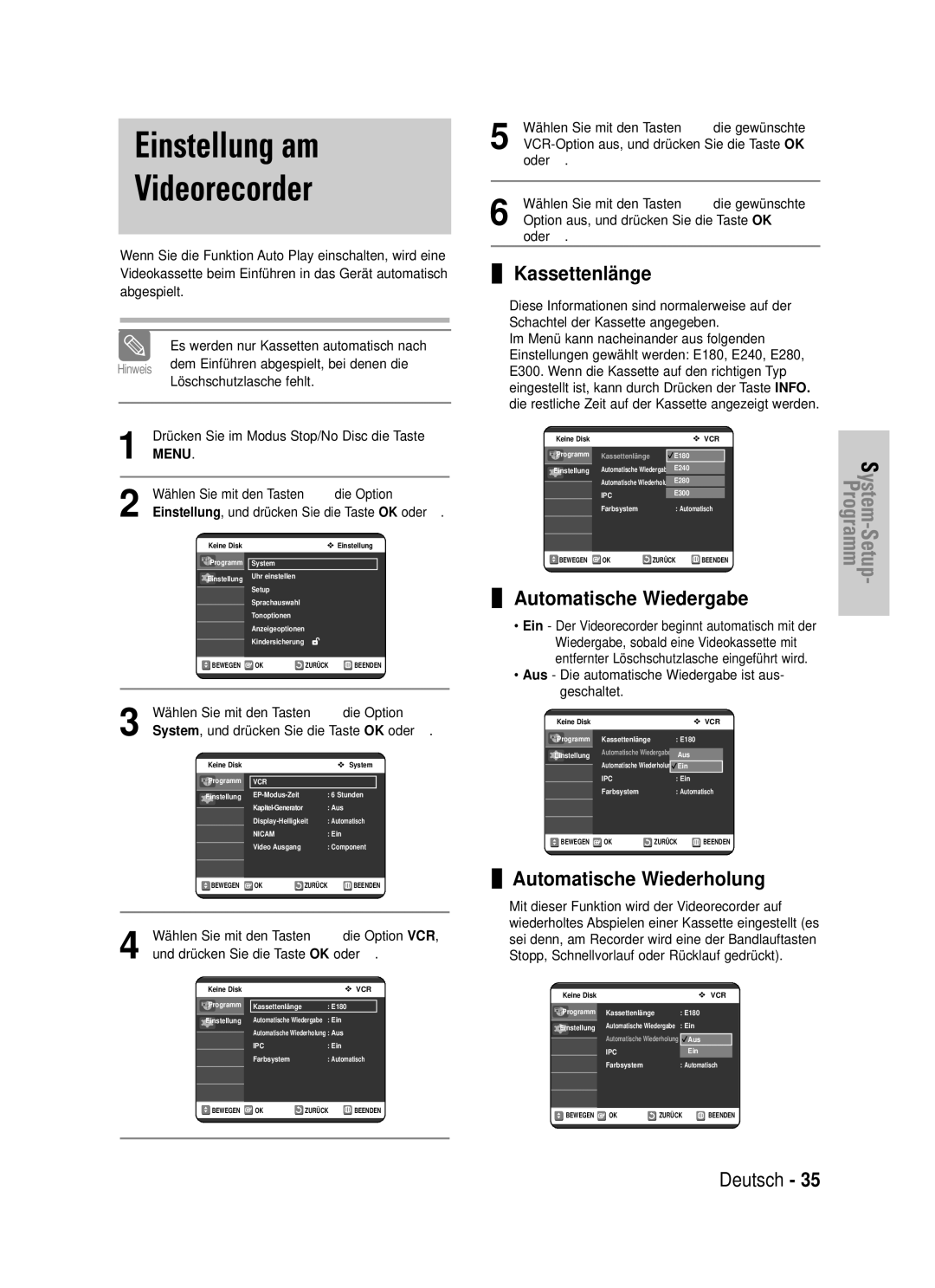 Samsung DVD-VR325/XEG Einstellung am Videorecorder, Kassettenlänge, Automatische Wiedergabe, Automatische Wiederholung 