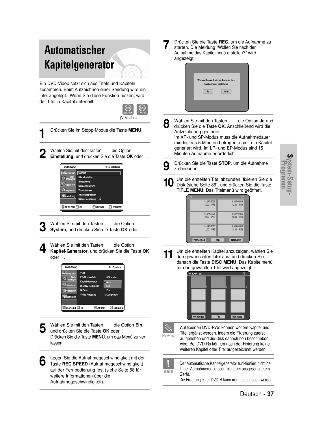 Samsung DVD-VR325/XEG manual Automatischer Kapitelgenerator 