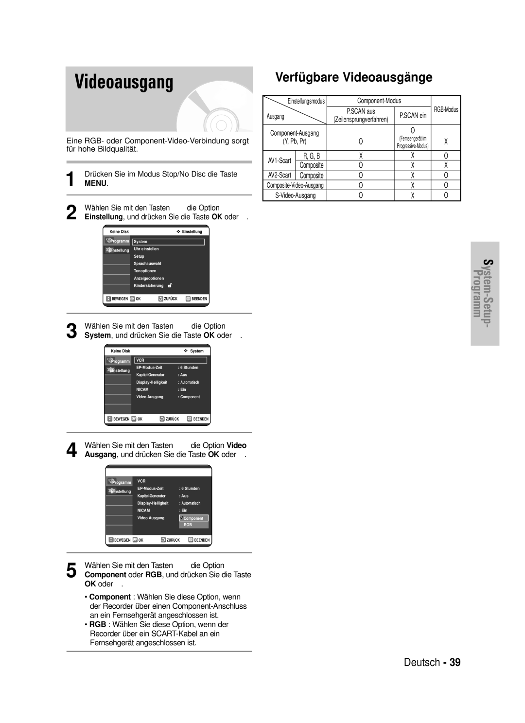 Samsung DVD-VR325/XEG manual Videoausgang, System, und drücken Sie die Taste OK oder √ 