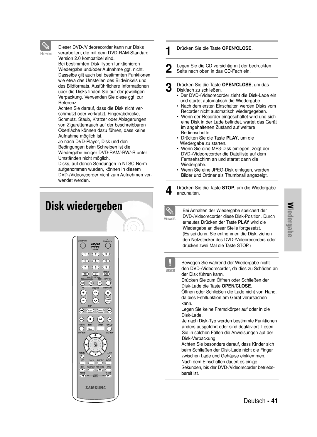 Samsung DVD-VR325/XEG manual Disk wiedergeben 