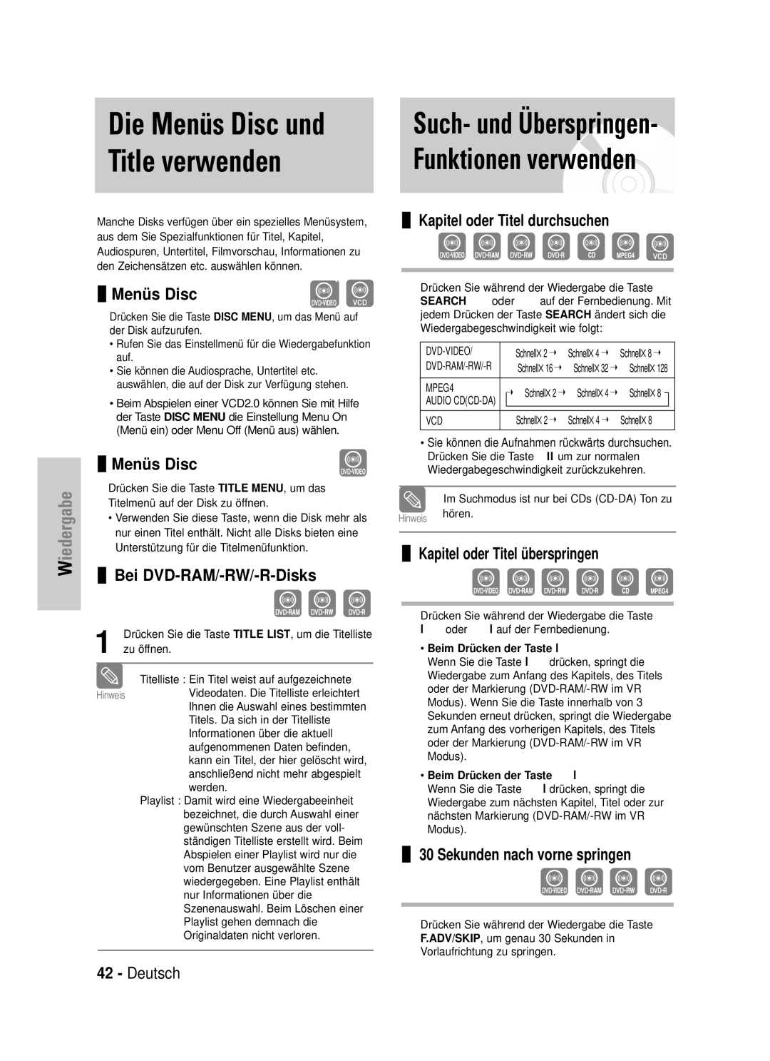 Samsung DVD-VR325/XEG manual Die Menüs Disc und Title verwenden 