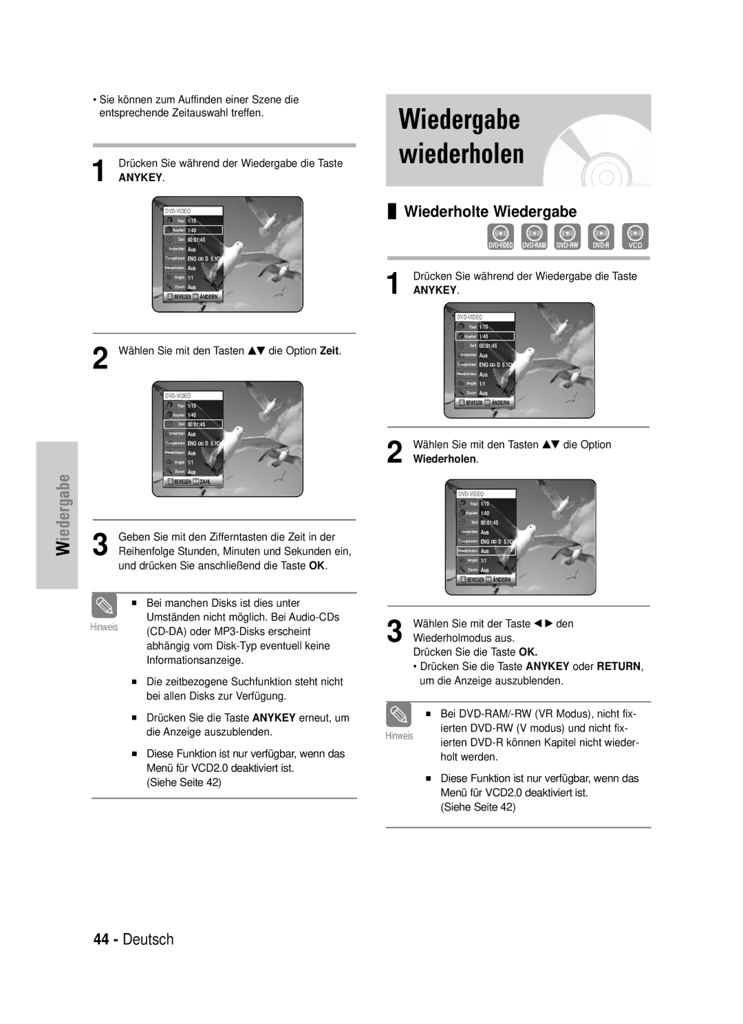 Samsung DVD-VR325/XEG manual Wiedergabe wiederholen, Wiederholte Wiedergabe 