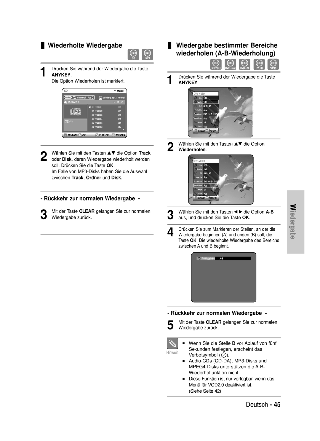 Samsung DVD-VR325/XEG manual Rückkehr zur normalen Wiedergabe, Wiederholen 