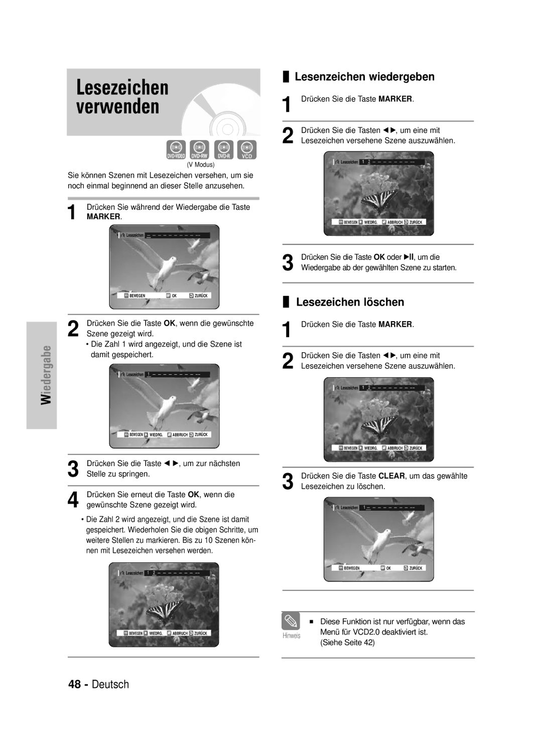 Samsung DVD-VR325/XEG manual Lesezeichen verwenden, Lesenzeichen wiedergeben, Lesezeichen löschen 