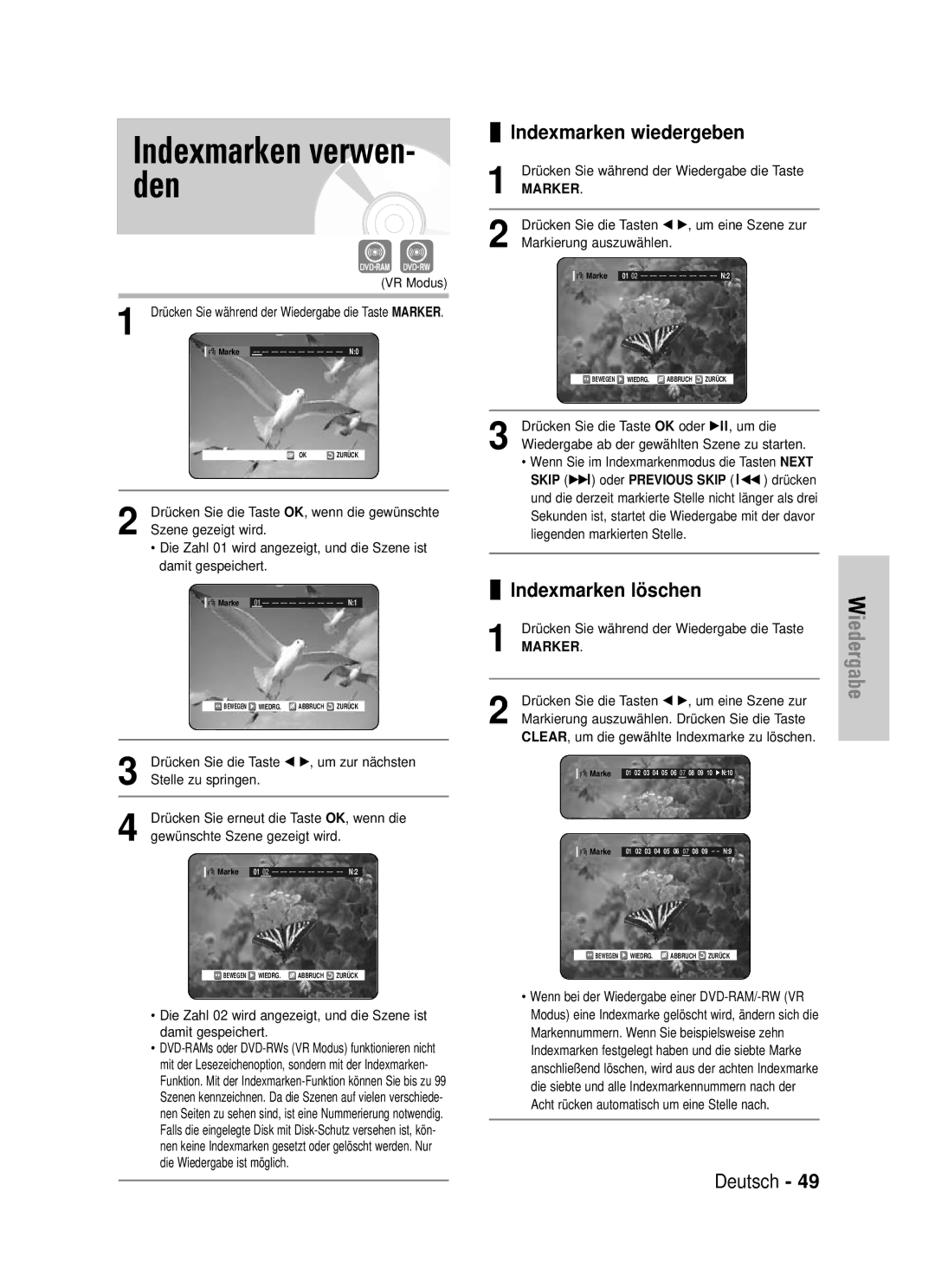 Samsung DVD-VR325/XEG manual Indexmarken verwen- den, Indexmarken wiedergeben, Indexmarken löschen, Markierung auszuwählen 