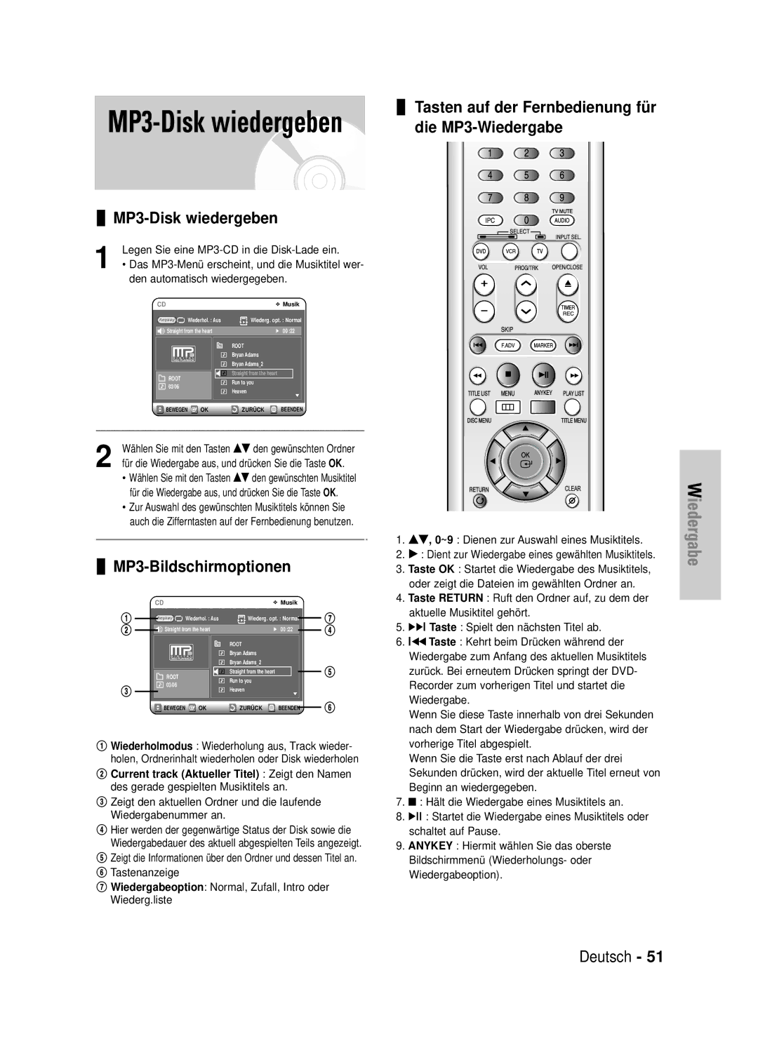 Samsung DVD-VR325/XEG MP3-Disk wiedergeben, MP3-Bildschirmoptionen, Tasten auf der Fernbedienung für die MP3-Wiedergabe 