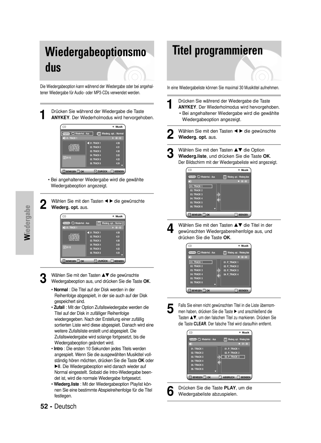 Samsung DVD-VR325/XEG manual Dus, Titel programmieren, Wählen Sie mit den Tasten œ √ die gewünschte, Wiederg. opt. aus 