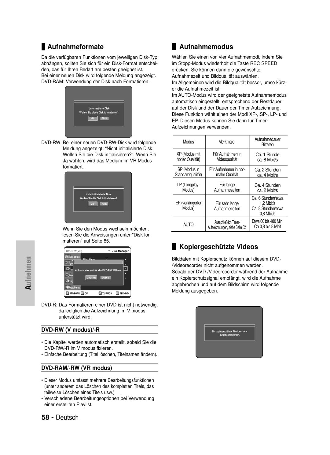 Samsung DVD-VR325/XEG Aufnahmeformate, Aufnahmemodus, Kopiergeschützte Videos, DVD-RW V modus/-R, DVD-RAM/-RW VR modus 